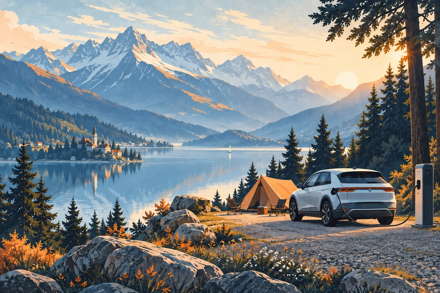 Illustratsioon järveäärse telplatsi elektriautoga, teltiga ja Alpidega